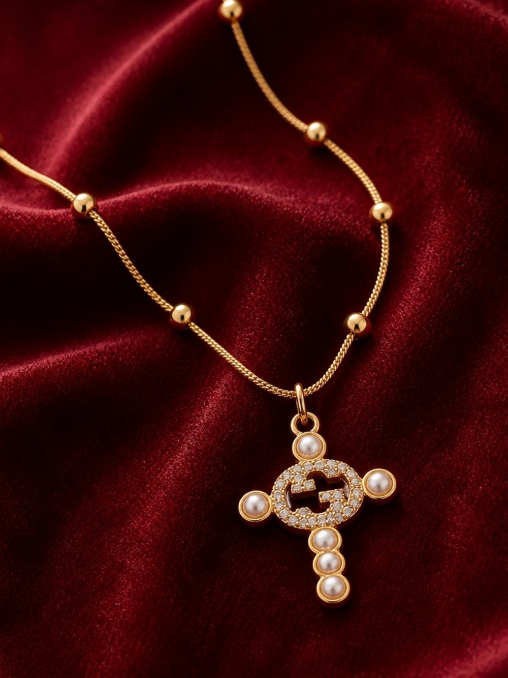 GG Gold Pearl Cross Pendant Necklace - Women Jewelry
